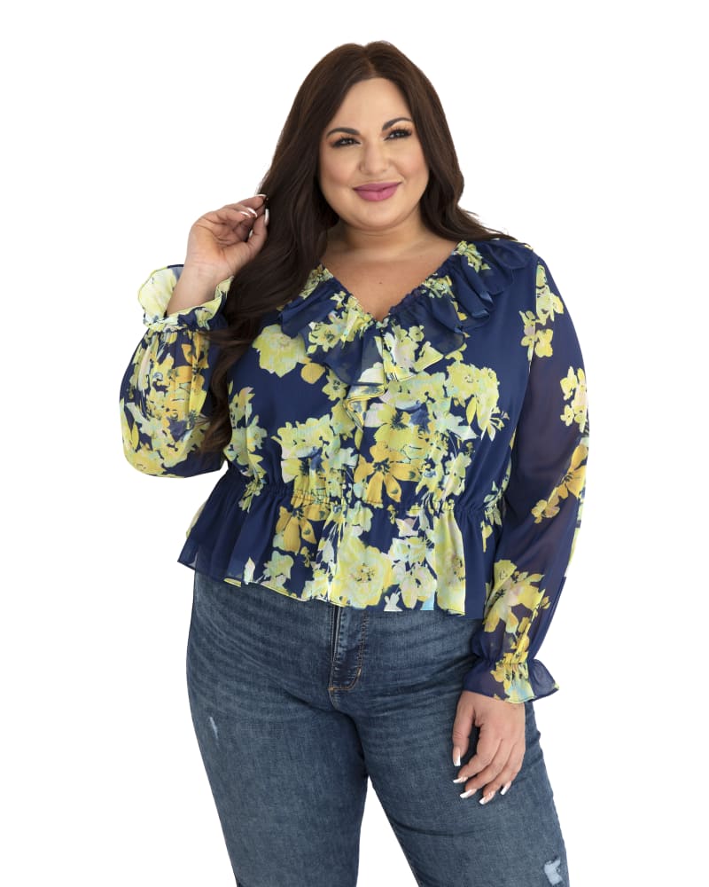 Front of a model wearing a size 20 Ruffle V Neck Blouse in Navy by Marée Pour Toi. | dia_product_style_image_id:235813